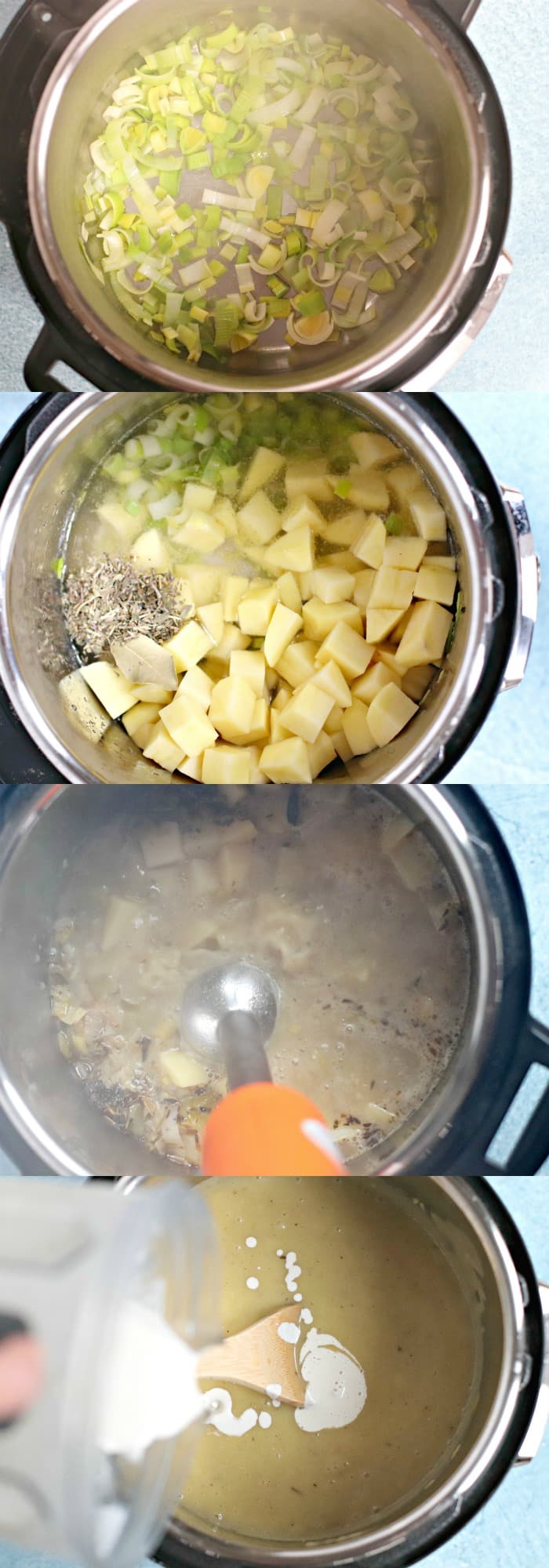 Fotos de proceso paso a paso para hacer sopa vegana de puerros y papas al instante