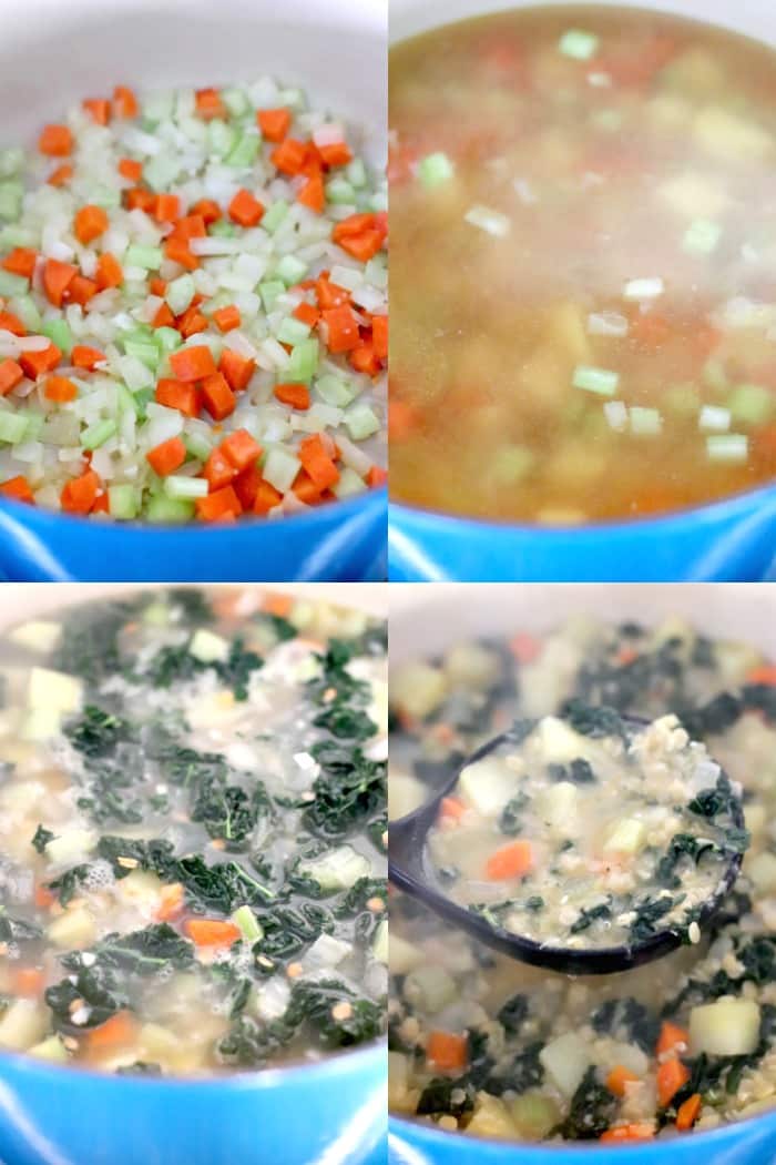 Collage de tomas de proceso que muestran cómo enfriar la sopa de patata y lentejas rojas