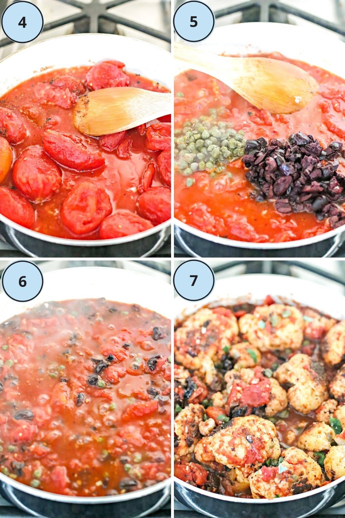 Collage de 4 imágenes que muestran cómo hacer la salsa puttanesca vegana y luego cómo terminar la receta