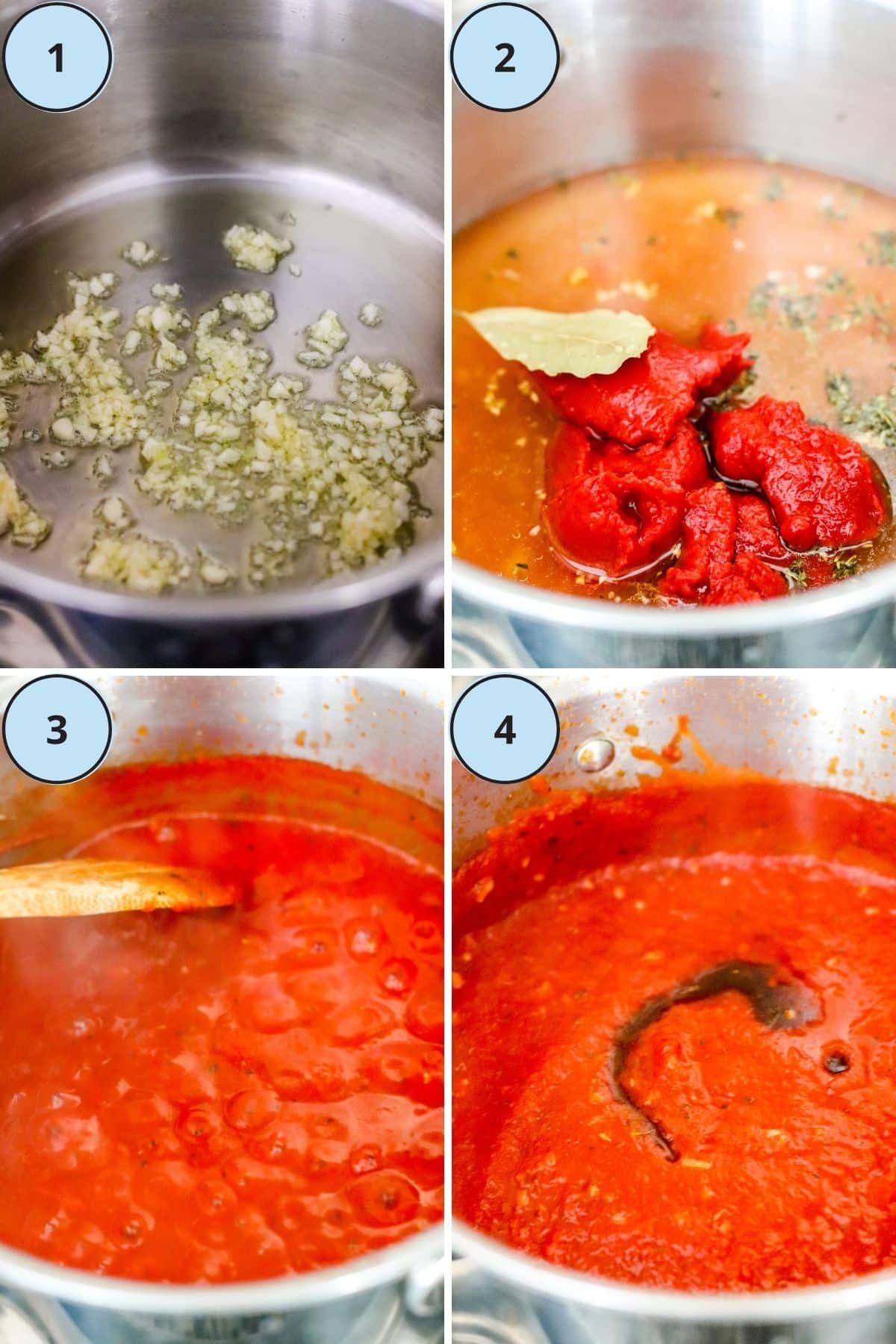 Collage de 4 tomas de proceso que demuestran los pasos para hacer esta receta