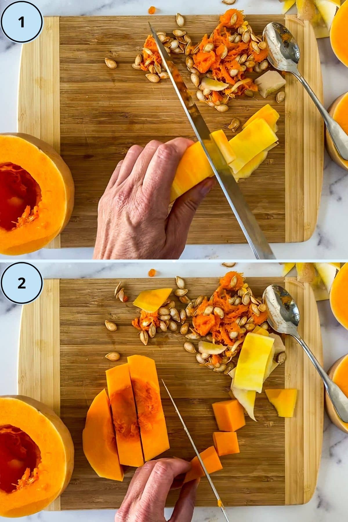 Collage de 2 imágenes que muestran cómo pelar y trocear la calabaza.